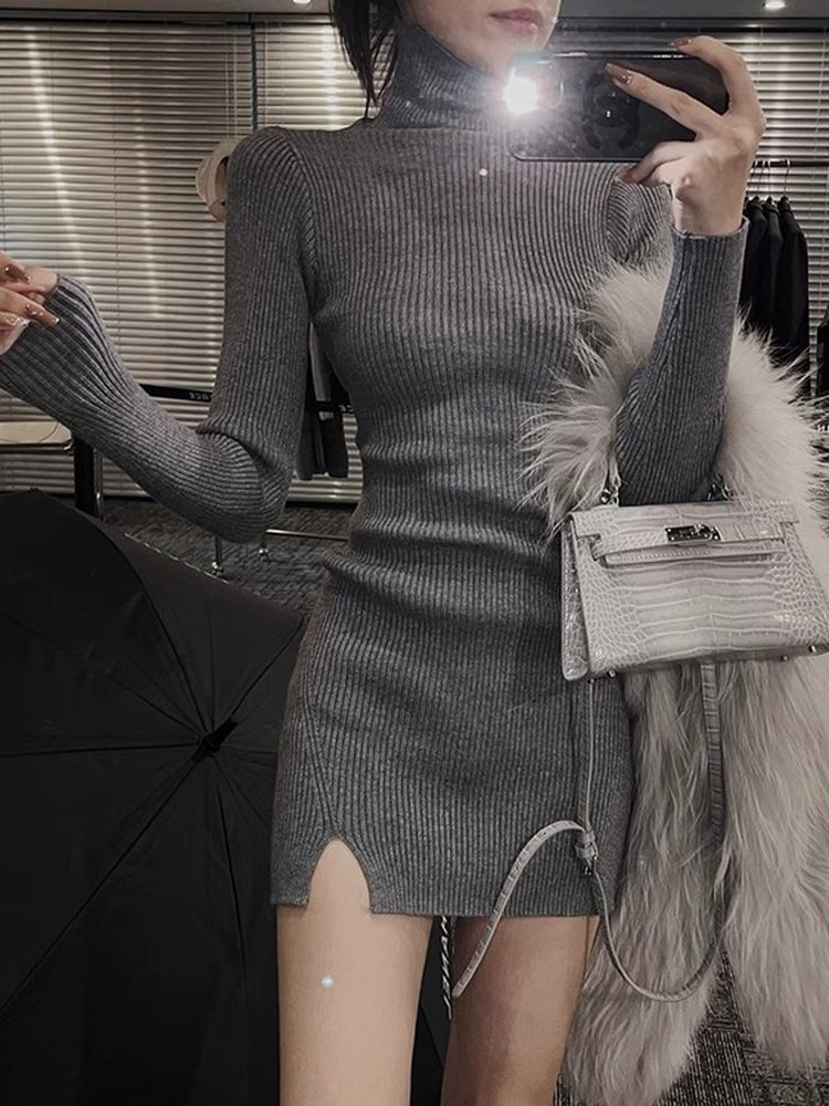 Bodycon Long Sleeve Ribbed Dress - Dames Bodycon Mini Gebreide Jurk met