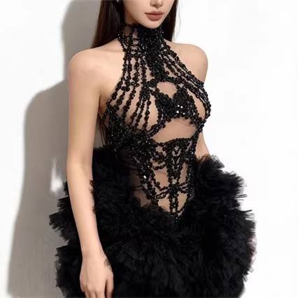 Sparkly Rhinestone Club Party Dress - Dames mini-jurk met glitters, strass-mesh, doorzichtig,