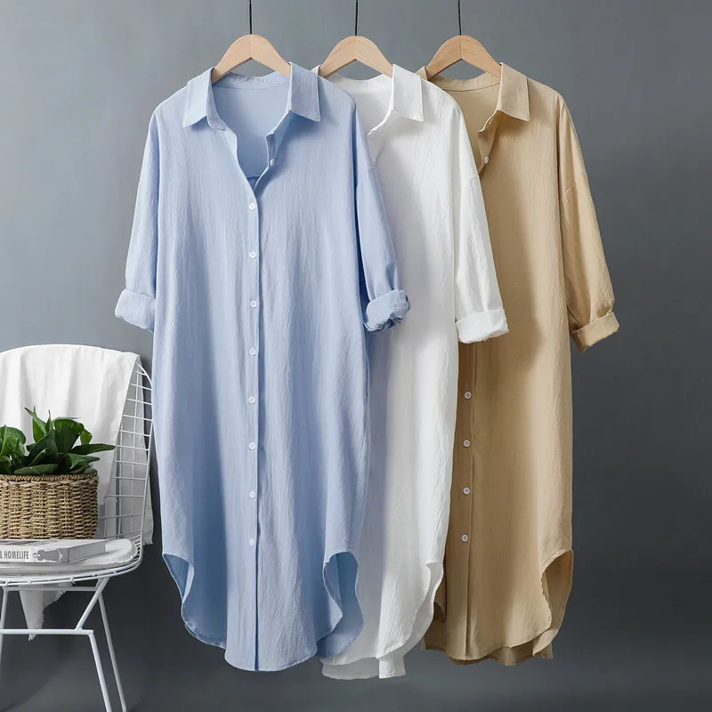 Casual Loose Linen Shirt Dress - Nieuwe katoenen en linnen lange damesoverhemdenjurken
