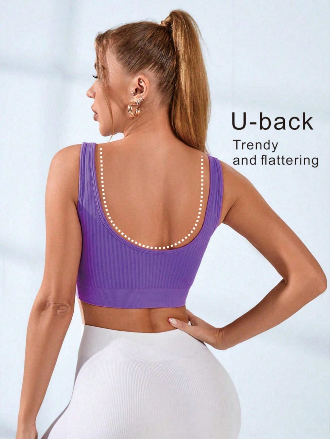 Seamless Ribbed Workout Tank Top - Dames geribbelde sportbeha met U-hals, naadloze