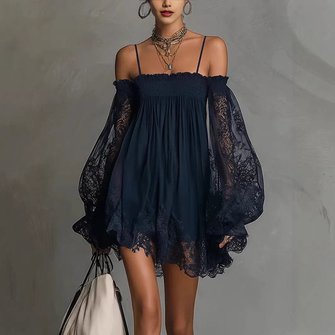 Off Shoulder Puff Sleeve Sundress - Off-shoulder kanten mini-jurk met spaghettibandjes, doorschijnende