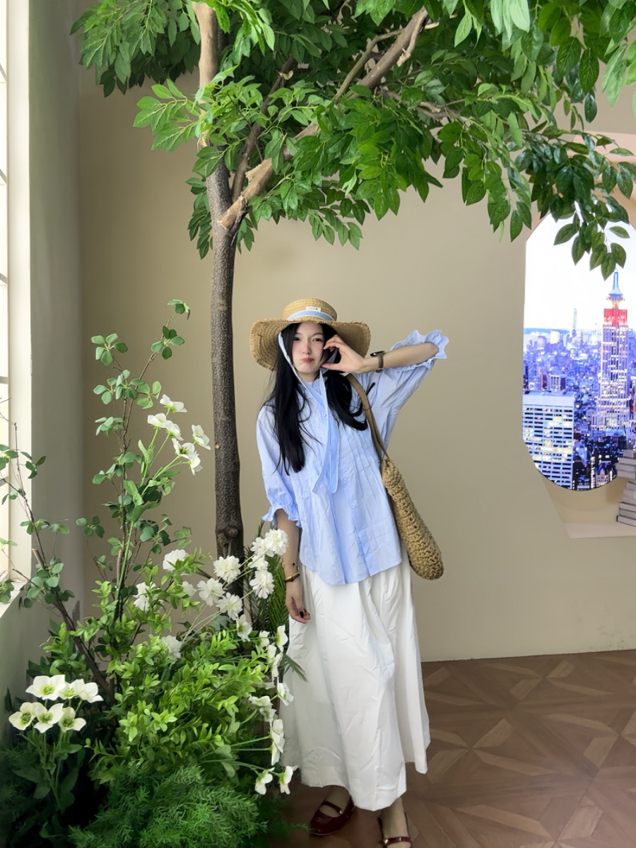 Korean Style A Line Shirt Dress - Plus size dames blauw shirt met
