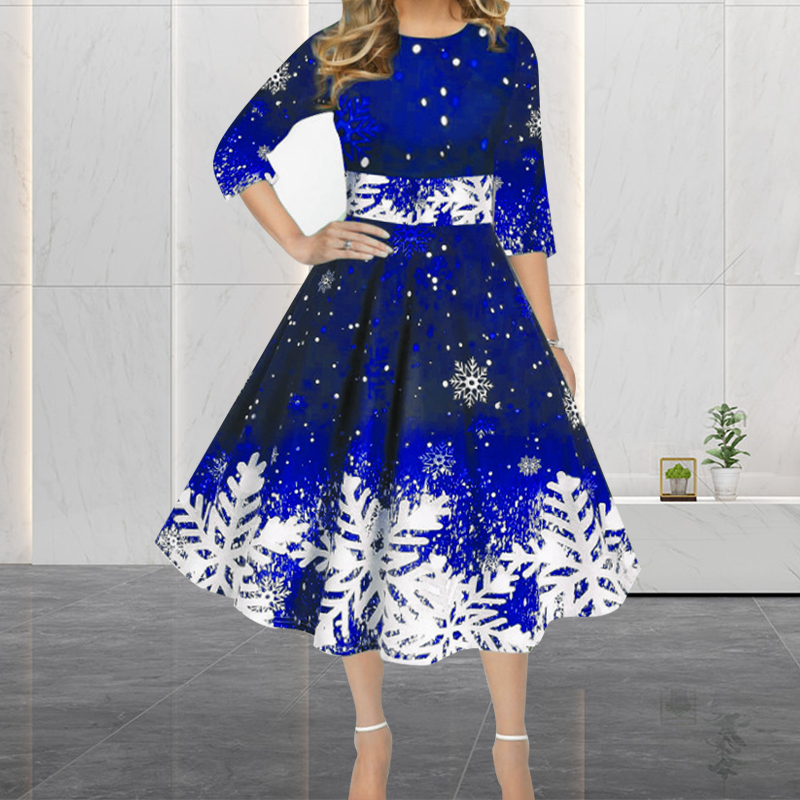 French Vintage Floral Midi Dress - Winter Kerstjurken Dames Vintage Gewaad Swing