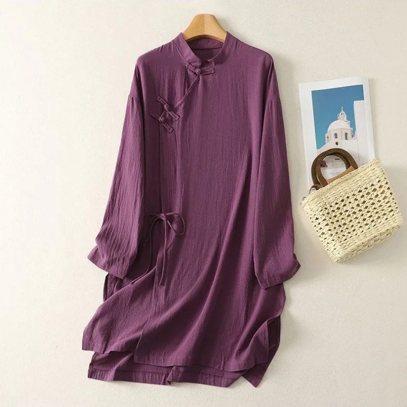 Casual Loose Linen Shirt Dress - Damesjurk in Chinese stijl met kikkerknopen,