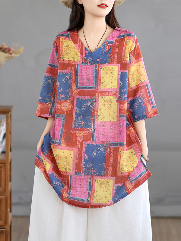 Casual Loose Linen Shirt Dress - Casual linnen print top, vintage losse