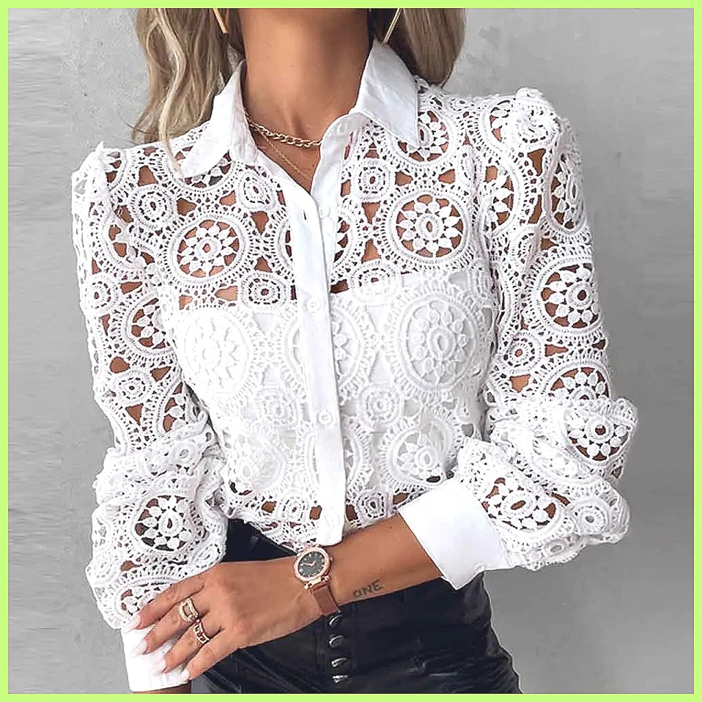 Blouses - 2025 Dames Wit Kant Blouse, Elegant
