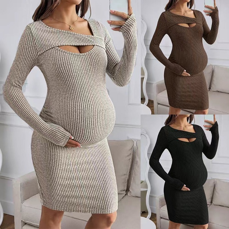 Bodycon Long Sleeve Ribbed Dress - Zwangerschapskleding Geribbelde jurk met lange mouwen