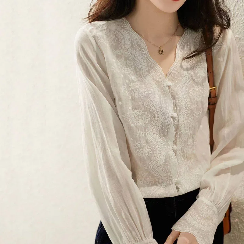 Casual Loose Linen Shirt Dress - GELITAYIN V-hals Lange Mouw Linnen Blouse