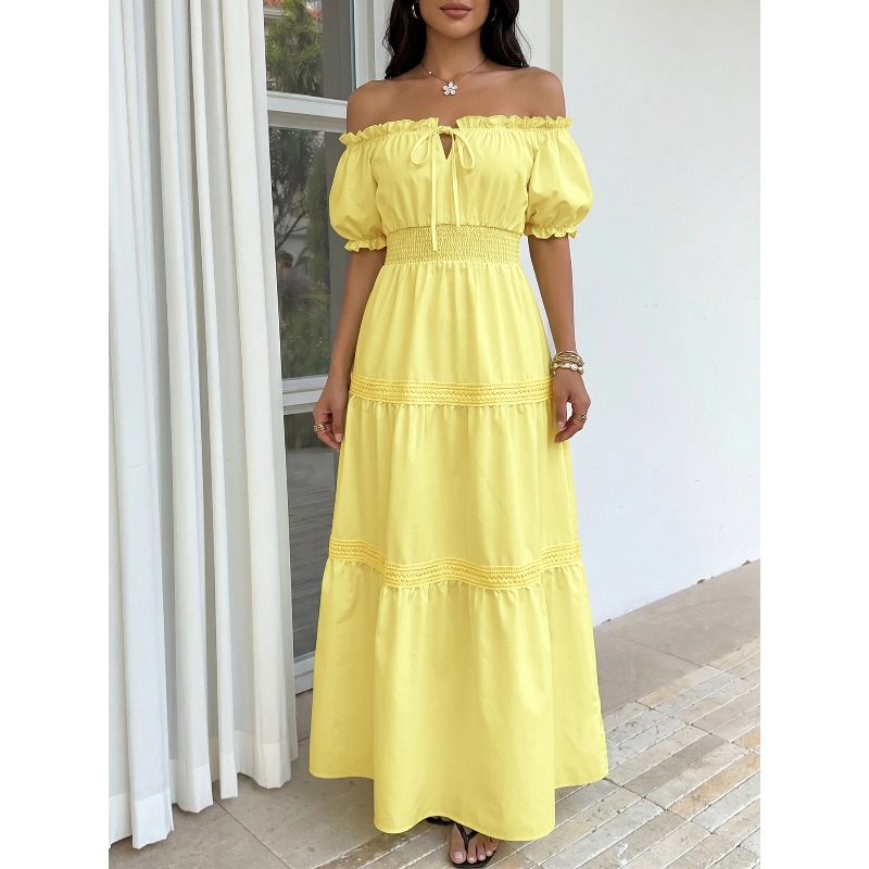 Off Shoulder Puff Sleeve Sundress - Zomer Boheemse dames gele off-shoulder korset