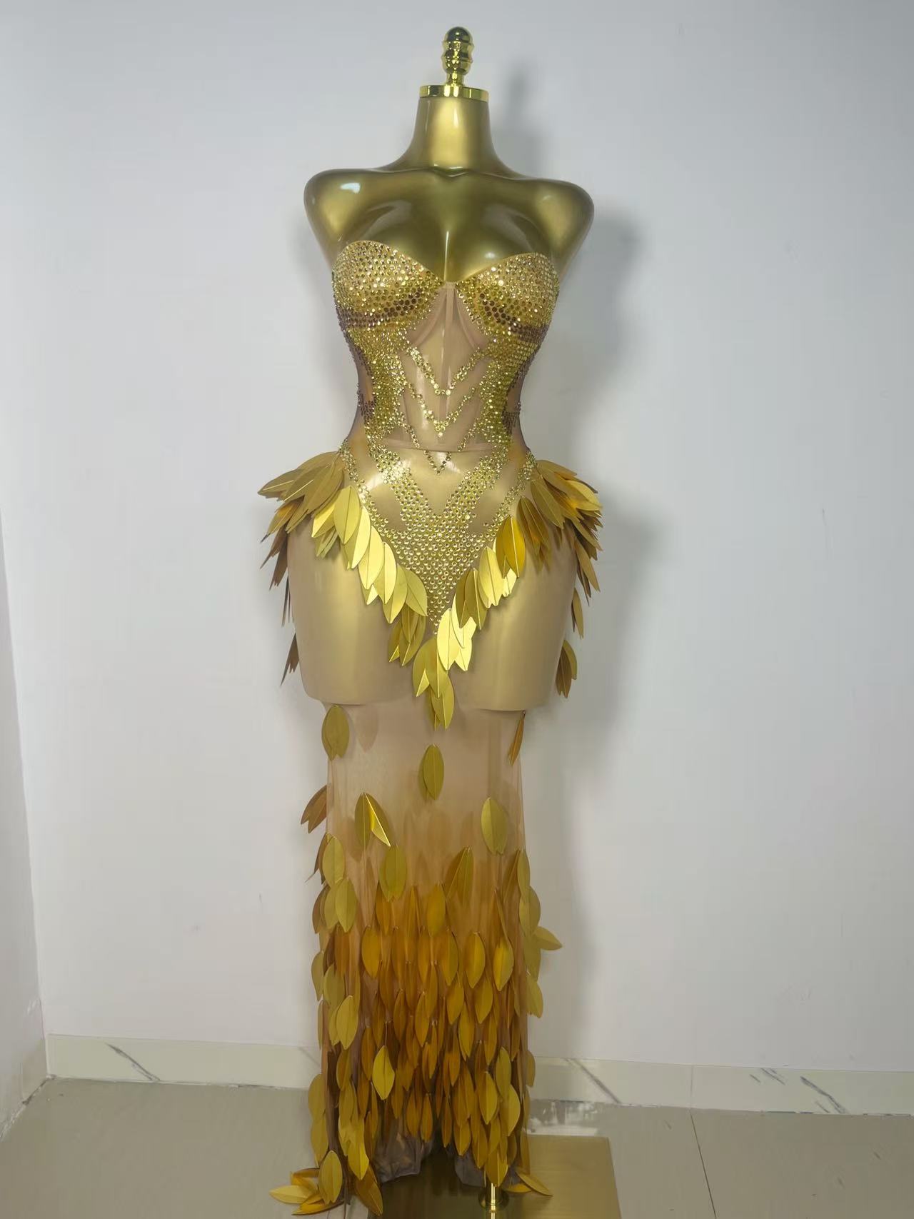 Sparkly Rhinestone Club Party Dress - Glinsterende gouden strass-pailletten avondjurk, luxe nachtclub