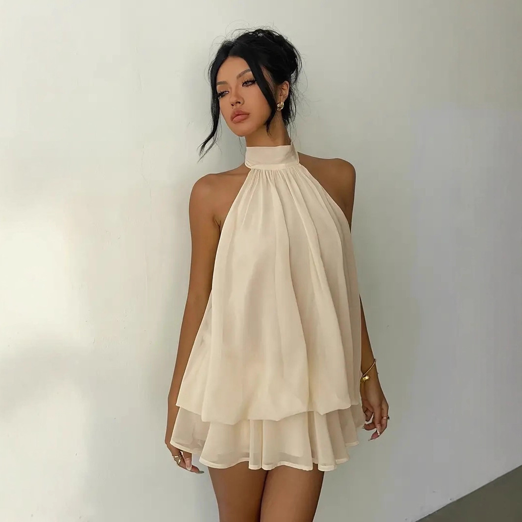 Y2K Backless Halter Mini Dress - Damesjurk met halternek, rugloos, strik aan