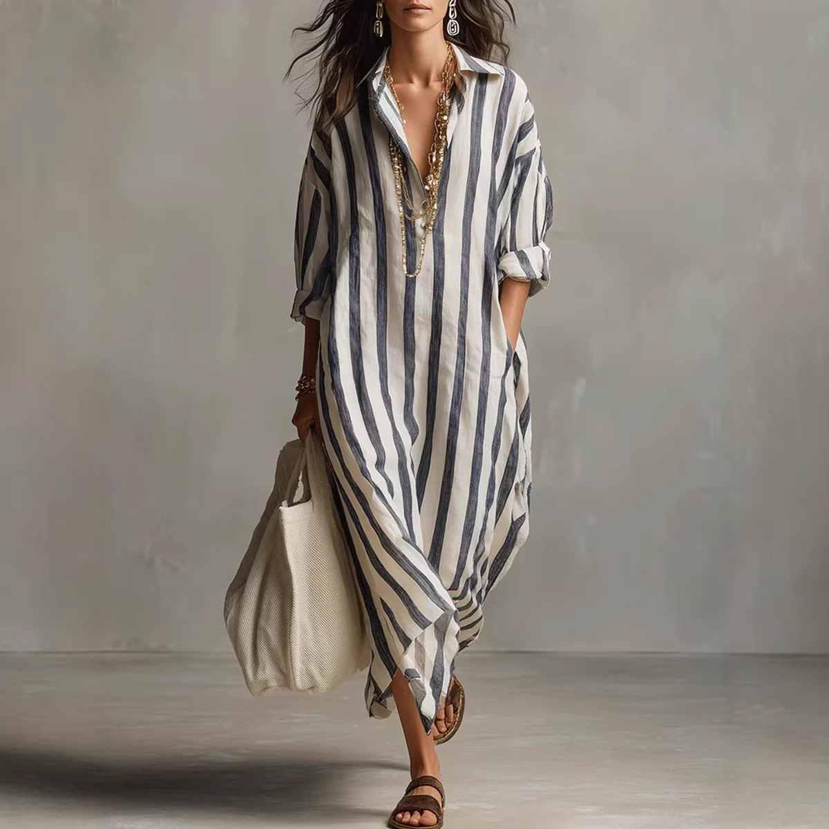 Casual Loose Linen Shirt Dress - Zomerse elegante linnen shirtjurk met reverskraag,