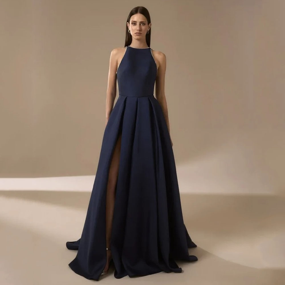 Elegant Satin Evening Gown Split - Marineblauw Satijnen Avondjurken voor Vrouwen 2025,