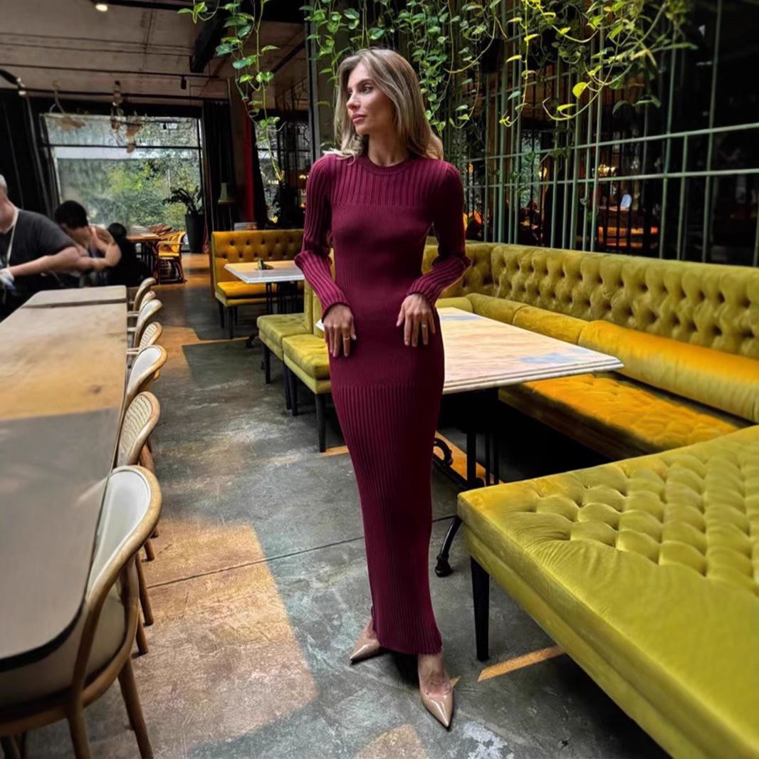 2025 Lente Wit Kaki Zwarte Vro - Bodycon Long Sleeve Ribbed Dress recensie en prijs