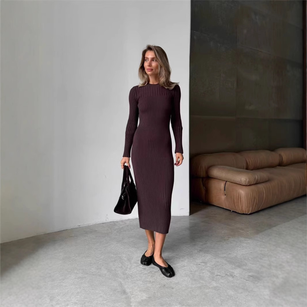 2025 Lente Wit Kaki Zwarte Vro - Bodycon Long Sleeve Ribbed Dress recensie en prijs