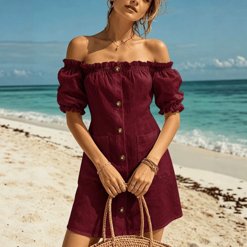 Dames off-shoulder mini-jurk m - Off Shoulder Puff Sleeve Sundress recensie en prijs