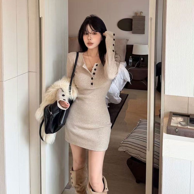 Y2k Dames Bodycon Gebreide Jur - Bodycon Long Sleeve Ribbed Dress recensie en prijs