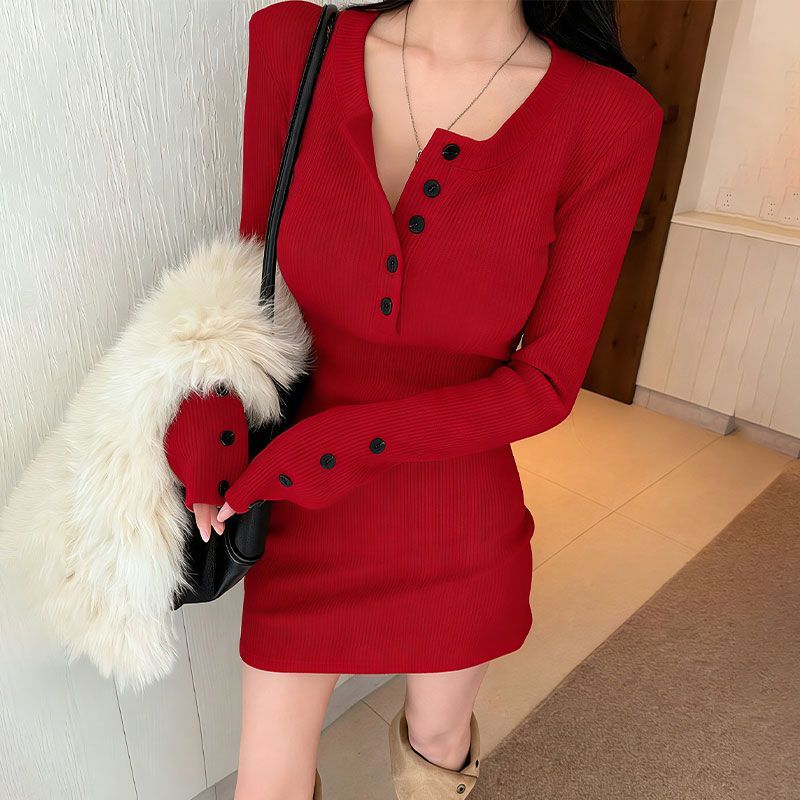 Y2k Dames Bodycon Gebreide Jur - Bodycon Long Sleeve Ribbed Dress recensie en prijs