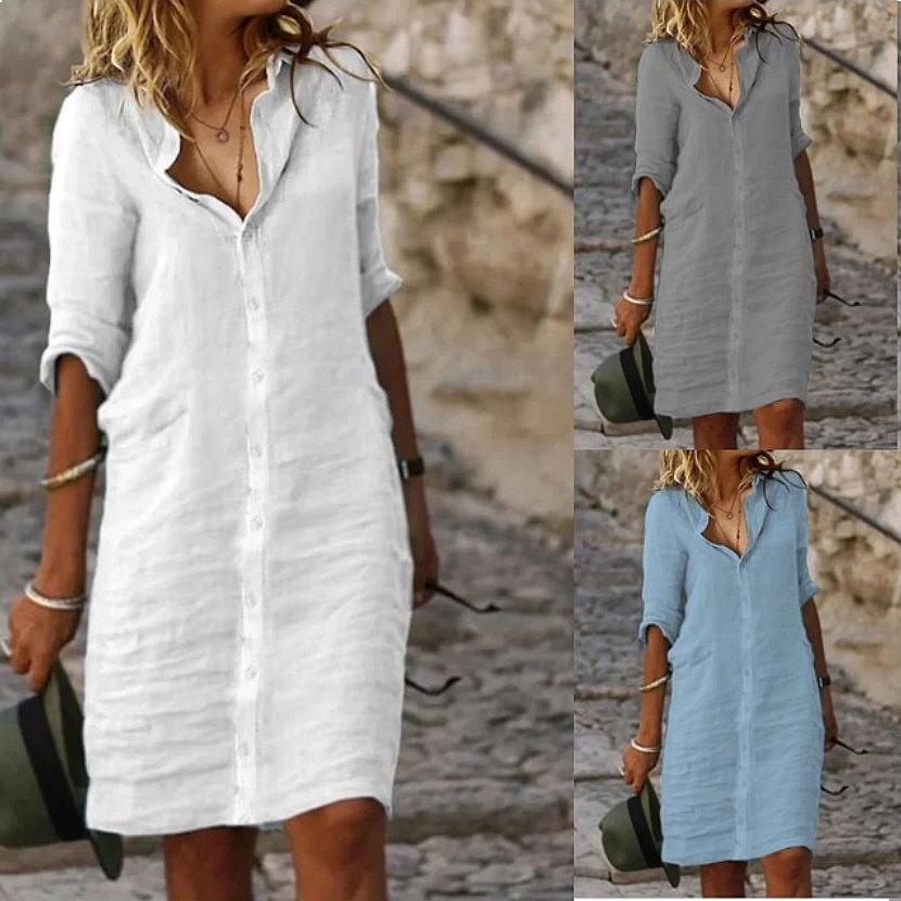 Losvallende knoop midi shirtju - Casual Loose Linen Shirt Dress recensie en prijs