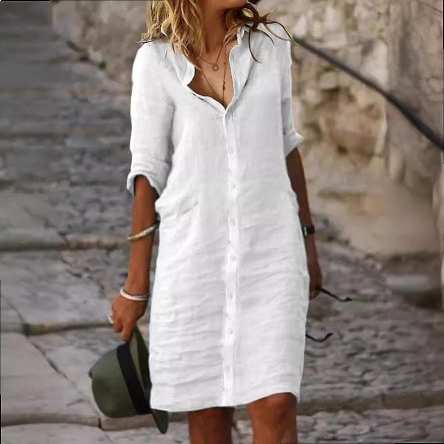 Losvallende knoop midi shirtju - Casual Loose Linen Shirt Dress recensie en prijs