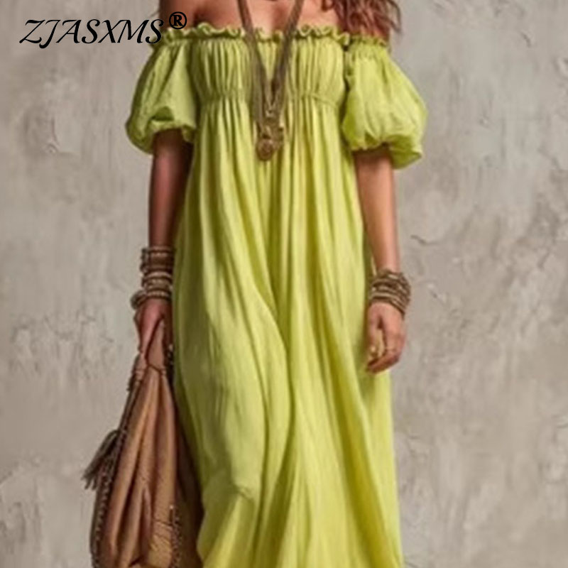 Dames elastische taille casual - Off Shoulder Puff Sleeve Sundress recensie en prijs