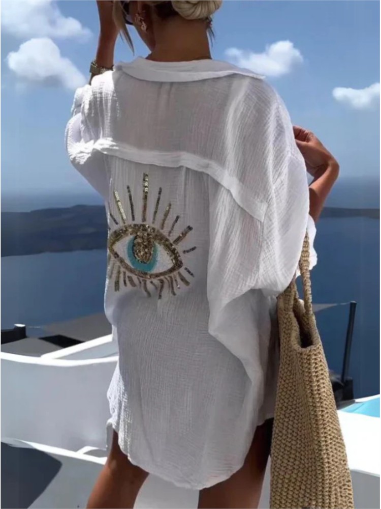 Zomer Casual Sequin Eye Shirt  - Casual Loose Linen Shirt Dress recensie en prijs