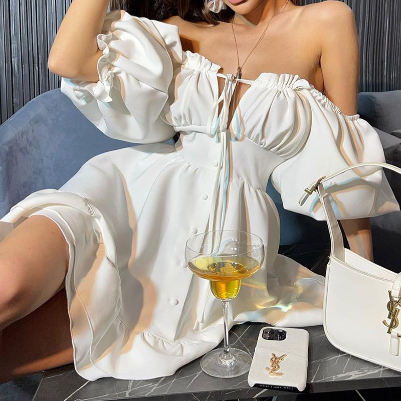 Off-shoulder mini-jurken voor  - Off Shoulder Puff Sleeve Sundress recensie en prijs