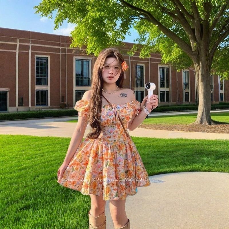 Hotsale oranje bloemenprint of - Off Shoulder Puff Sleeve Sundress recensie en prijs