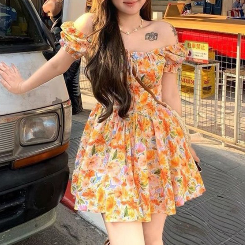 Hotsale oranje bloemenprint of - Off Shoulder Puff Sleeve Sundress recensie en prijs