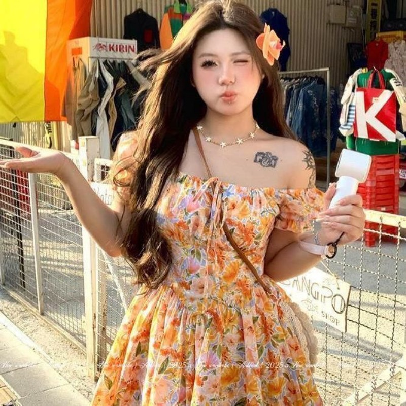 Hotsale oranje bloemenprint of - Off Shoulder Puff Sleeve Sundress recensie en prijs