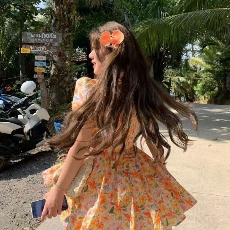 Hotsale oranje bloemenprint of - Off Shoulder Puff Sleeve Sundress recensie en prijs
